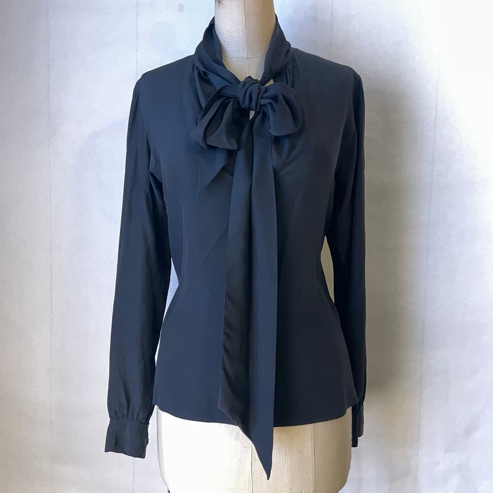 Vintage Yves Saint Laurent Rive Gauche Black Silk Neck Bow Blouse Sz 38